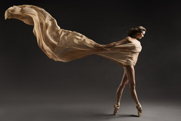Ballerina Walking with Silk Fabric, Modern Ballet Dancer in Pointe Shoes, Fluttering Waving Cloth, Gray Background