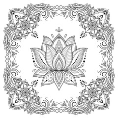 Circular pattern in form of mandala with lotus flower for Henna, Mehndi, tattoo, decoration. Decorative ornament in ethnic oriental style. Outline doodle hand draw vector illustration.