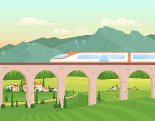 Poster - Express train flat color vector illustration. Railway with fast locomotive for travel. Village buildings. Rocky mountains line. Countryside 2D cartoon landscape with nature on background