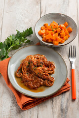 Poster - baby octopus with tomato sauce and pumpkin salad