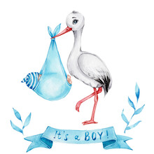 Cute Cartoon Stork With Baby Boy And Blue Ribbon "It's A Boy!" And Blue Leaves; Watercolor Hand Draw Illustration; Can Be Used For Baby Shower; With White Isolated Background