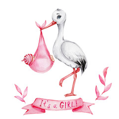 Cute cartoon stork with baby girl and pink ribbon 