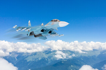 Wall Mural - An army fighter jet flies in the sky over the mountains and clouds over the gorge ridge relief.