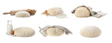 Set With Raw Dough And Ingredients On White Background. Banner Design