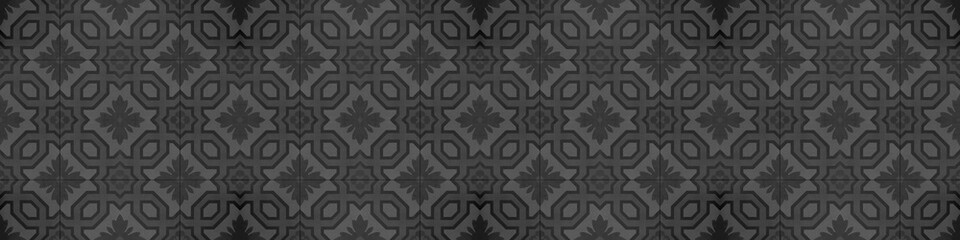 Seamless black anthracite dark vintage retro grunge cement stone concrete tile wallpaper texture background wide panorama banner, with geometric square rhombus diamond flower pattern print mosaic