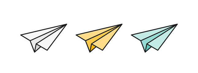 Wall Mural - Paper plane icon set. Black outline with three colors. Vector illustration, flat design