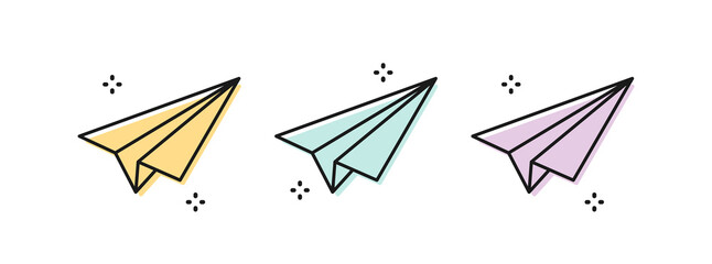 Wall Mural - Paper plane icon set. Black outline with three colors. Vector illustration, flat design