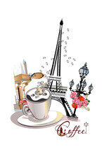 Design With The Eiffel Tower, A Cup Of Coffee And A Café Entrance. Lantern Decorated With Flowers. Hand Drawn Vector Illustration.