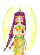 Watercolor Illustration Of A Girl In An Indian Dress