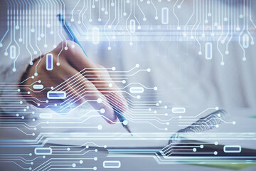 double exposure of woman's hands on background with technology and digital coding icons. data develo