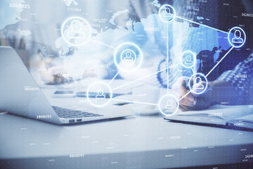 Poster - Social network theme hologram with businessman working on computer on background. Concept of world wide web. Double exposure.
