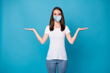 Poster - Photo of pretty lady hold open palms arms showing select pick covid novelty products sale discount season shopping wear medical mask white t-shirt jeans isolated blue color background