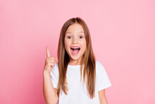 Close-up Portrait Of Her She Nice Attractive Lovely Glad Cheerful Cheery Girl Pointing Forefinger Up Find Solution 1 September Learn Science Isolated Pink Pastel Color Background
