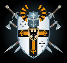 Vector Illustration, A Set Of Medieval Knightly Armor And Weapons On A Black Background.