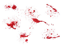 Vector Set Of Red Ink Bloody Volume Splash, Blots Grunge Textured Elements For Design, Background In The Shape Of Blood