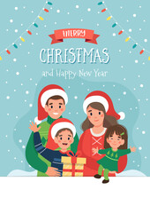 Wall Mural - Christmas card with happy family and lettering. Cute vector illustration in flat style