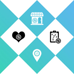 set heart with basketball ball, location, sports shop and and planning strategy icon. vector.