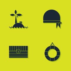 Wall Mural - Set Tropical island in ocean, Lifebuoy, Antique treasure chest and Pirate bandana for head icon. Vector.