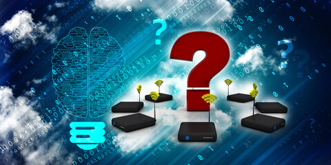 Poster - 3d rendering Transmitter WiFi with question mark
