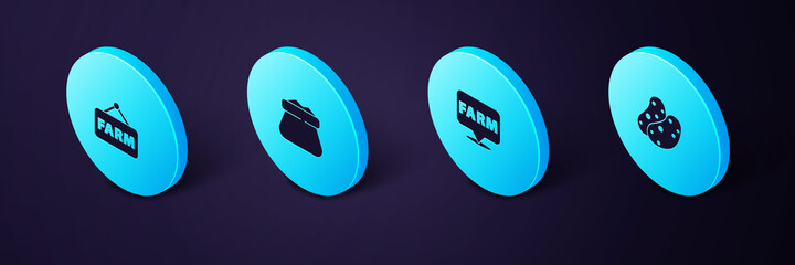 set isometric potato, location farm, full sack and signboard with text farm icon. vector.