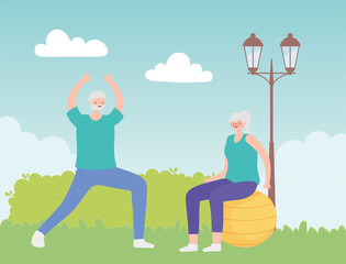 Sticker - activity seniors, old man making stretching and elderly woman on fitness ball in the park