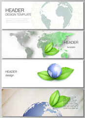 Vector layout of headers, banner design templates for website footer design, horizontal flyer design, website header backgrounds. Save Earth planet concept. Sustainable development global concept.