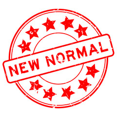 Sticker - Grunge red new normal word with star icon round rubber seal stamp on white background