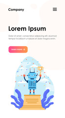 Wall Mural - robot winning golden cup. award, celebration, cyborg flat vector illustration. technology and contes