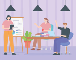 Canvas Print - coworking, cartoon female and male team office