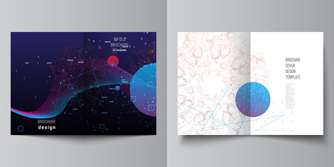 Vector layout of two A4 cover mockups templates for bifold brochure, flyer, magazine, cover design, book design. Artificial intelligence, big data visualization. Quantum computer technology concept.