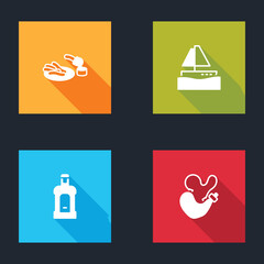 Sticker - Set Churros and chocolate, Yacht sailboat, Orujo and Spanish wineskin icon. Vector.