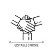 © bsd studio - Friendly cooperation linear icon. Welcoming atmosphere. Unity, partnership. Work in group. Thin line customizable illustration. Contour symbol. Vector isolated outline drawing. Editable stroke