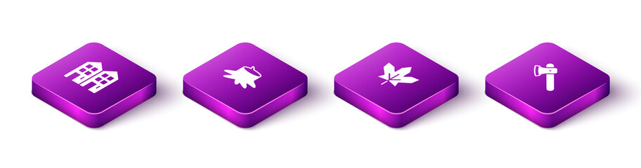 Sticker - set isometric house, tree stump, canadian maple leaf and wooden axe icon. vector.