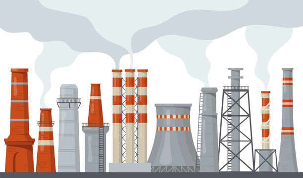 pipe and stack factory with toxic power energy flat illustration set. cartoon industrial chimney pol