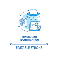 Fraudulent identification concept icon. Fake personality finding devices. Biometrics using ideas idea thin line illustration. Vector isolated outline RGB color drawing. Editable stroke