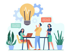 Colleagues Sharing Thoughts And Ideas Flat Vector Illustration. Cartoon Employees Thinking About Company Project Or Startup In Team. Brainstorm, Skill And Teamwork Concept