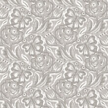 Natural Gray French Woven Linen Texture Background. Old Ecru Flax Bloom Motif Seamless Pattern. Organic French Farmhouse Weave Fabric For All Over Print. Greige Flower Block Print Textured Canvas