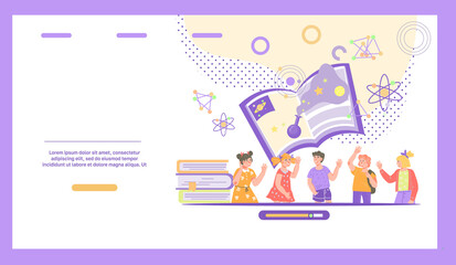 Web banner for children natural science, physics or chemistry classes, flat vector illustration. Website for online education and e-learning with kids among science symbols.