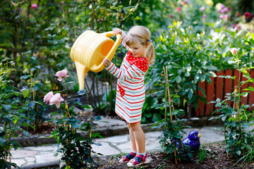 Wall Mural - Beautiful little toddler girl in red colorful dress watering blossoming roses flowers with kids water can. Happy child helping in family garden, outdoors on warm sunny bright day.