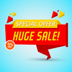 huge sale banner template.huge sale announcement.special offer.huge sale icon in bright red and yellow color with light shaded background.vector illustration. 