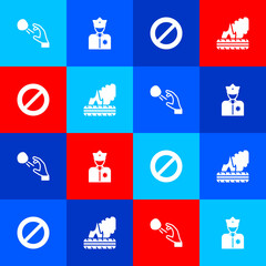 Sticker - Set Hooligan shooting stones, Police officer, Ban and Lying burning tires icon. Vector.