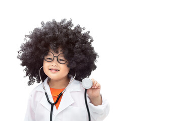 Boy with afro hairstyle wearing a doctor uniform And have a detector. Isolated on white background