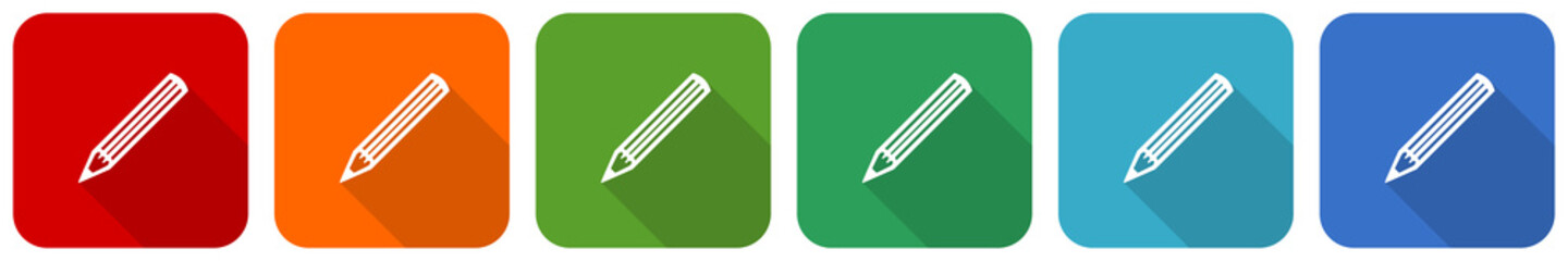 Leinwandbilder - Pencil icon set, flat design vector illustration in 6 colors options for webdesign and mobile applications