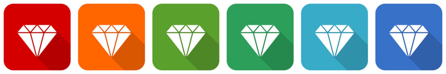 Aufkleber - Diamond jewel, brilliant, treasure icon set, flat design vector illustration in 6 colors options for webdesign and mobile applications