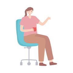 Sticker - young woman with coffee cup sitting on office chair isolated design white background