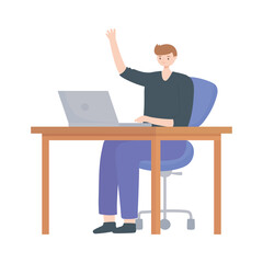 Sticker - young man using laptop on desk isolated design white background