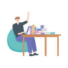 Poster - man sitting working with books on table isolated design white background