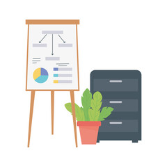 Sticker - workspace office cabinet board presentation and plant isolated design white background