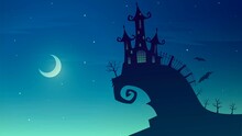 Vector Spooky Illustration With Cemetery Castle On The Mountain On A Moonlit Night, Halloween Background