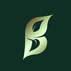 Letter B logo leaf.Nature elements typographic icon.Alphabet initial for beauty, health care, ecological lifestyle brand.Elegant lettering sign.Plant shape isolated on dark green background.